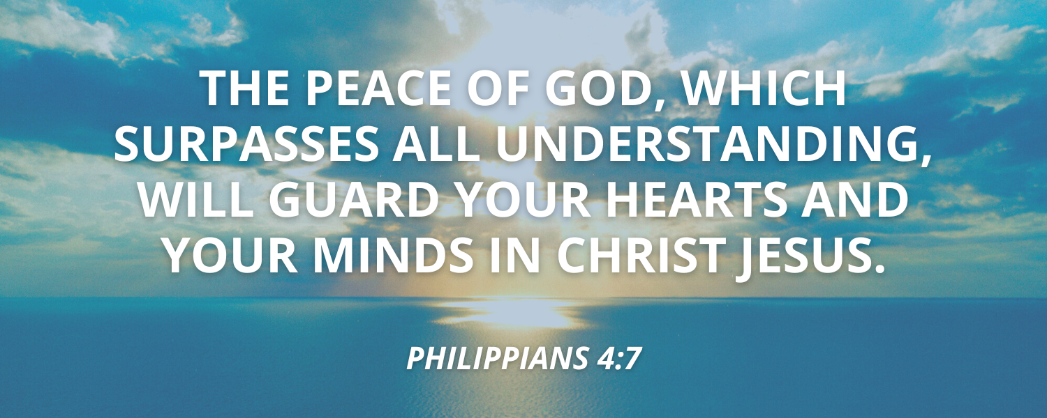 The verse Philippians 4:7 over the image of a blue and yellow sunset over the ocean