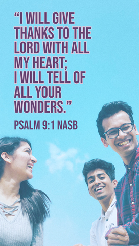 Arab youth with the Bible verse: "I will give thanks to the Lord with all my hears; I will tell of all your wonders." Psalm 9:1 NASB